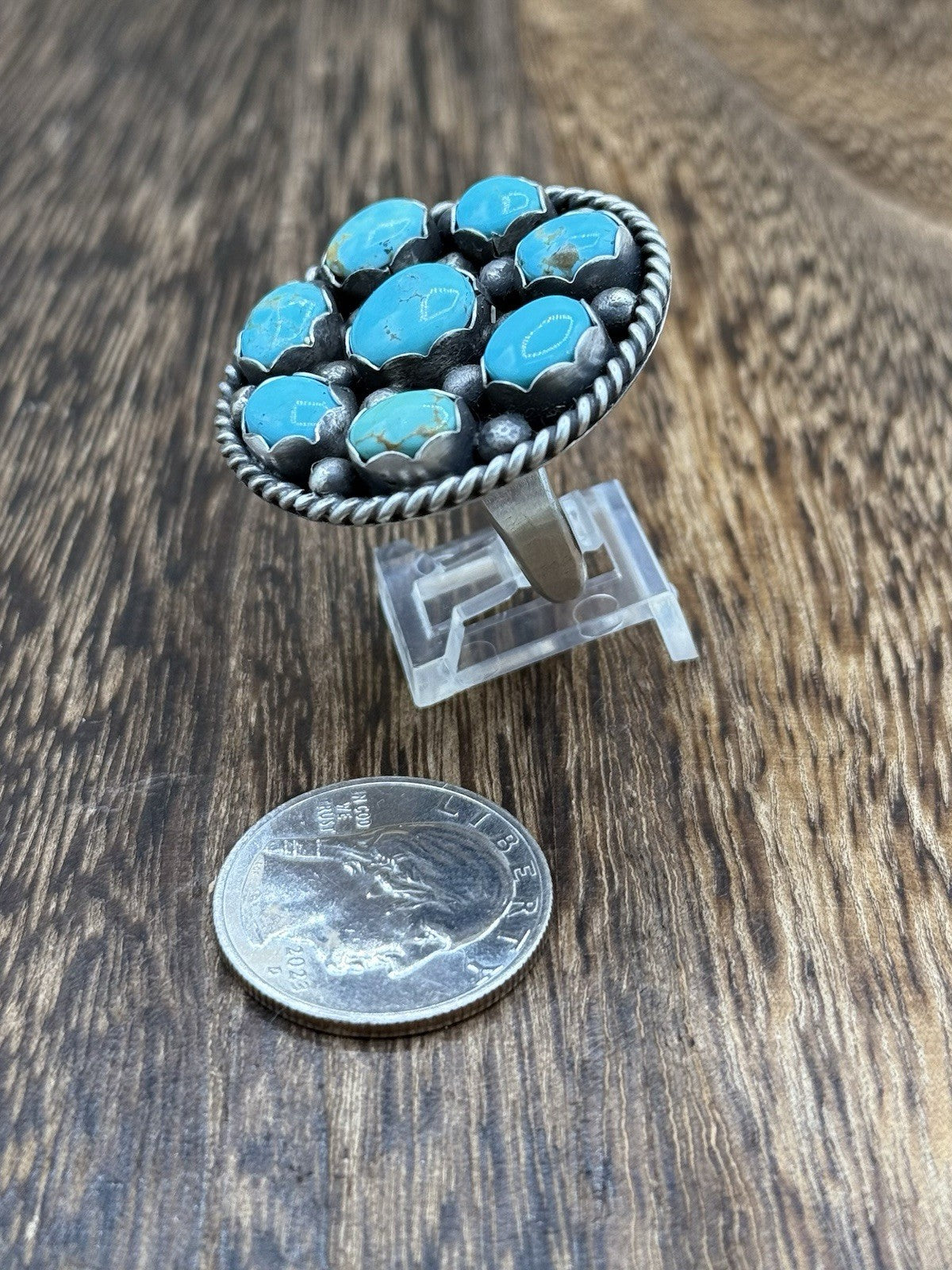 Navajo Handmade Sterling Silver Kingman Turquoise Adjustable Ring Size 7 To 9