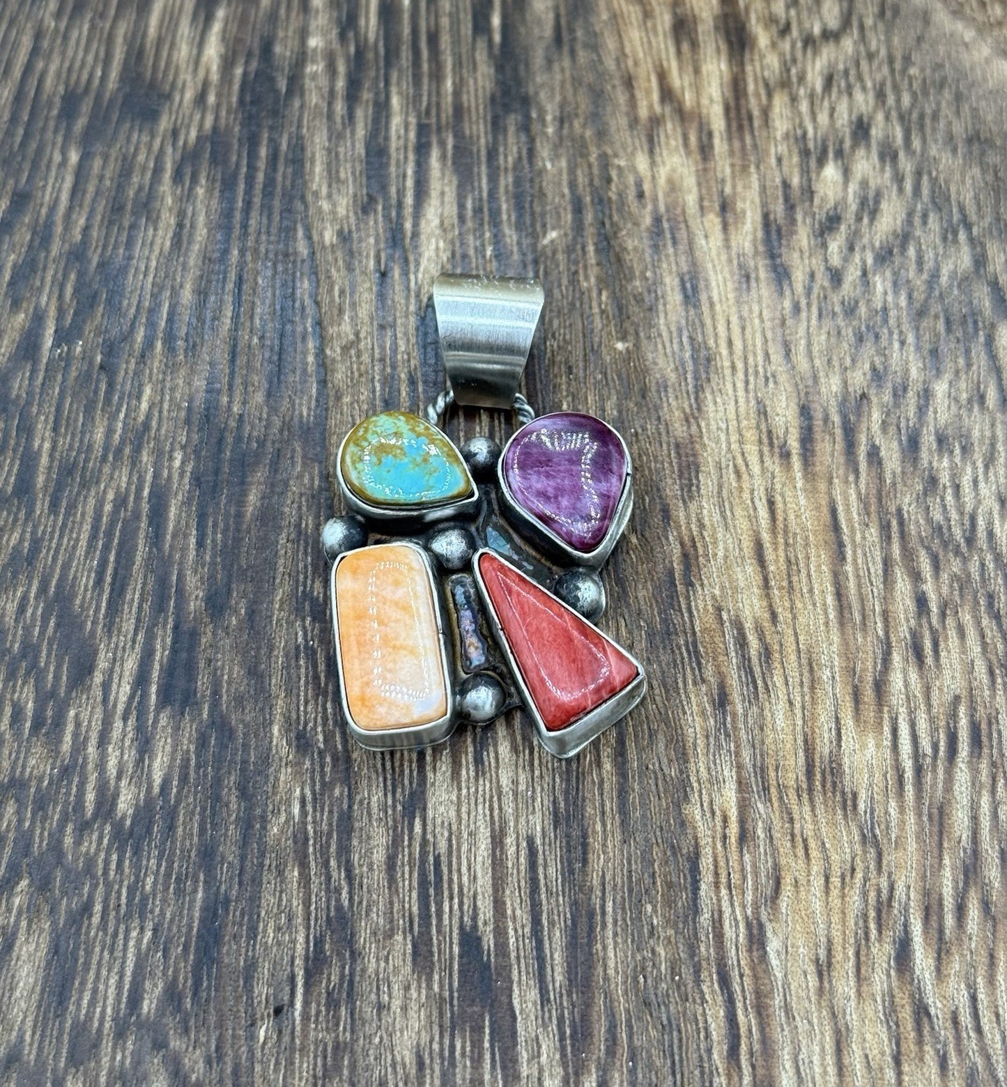 Navajo Handmade Sterling Silver Multi Color Turquoise Spiny Cluster Pendant