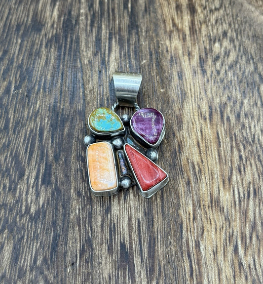 Navajo Handmade Sterling Silver Multi Color Turquoise Spiny Cluster Pendant