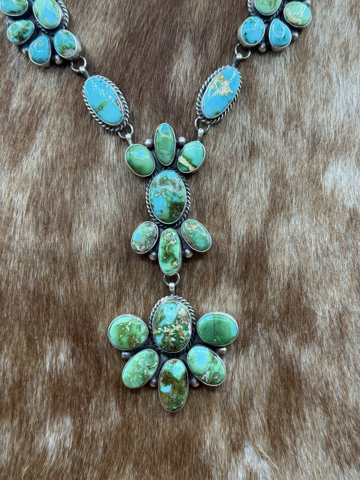 Navajo Handmade Sterling Silver Sonoran Turquoise Cluster Lariat Necklace 24”