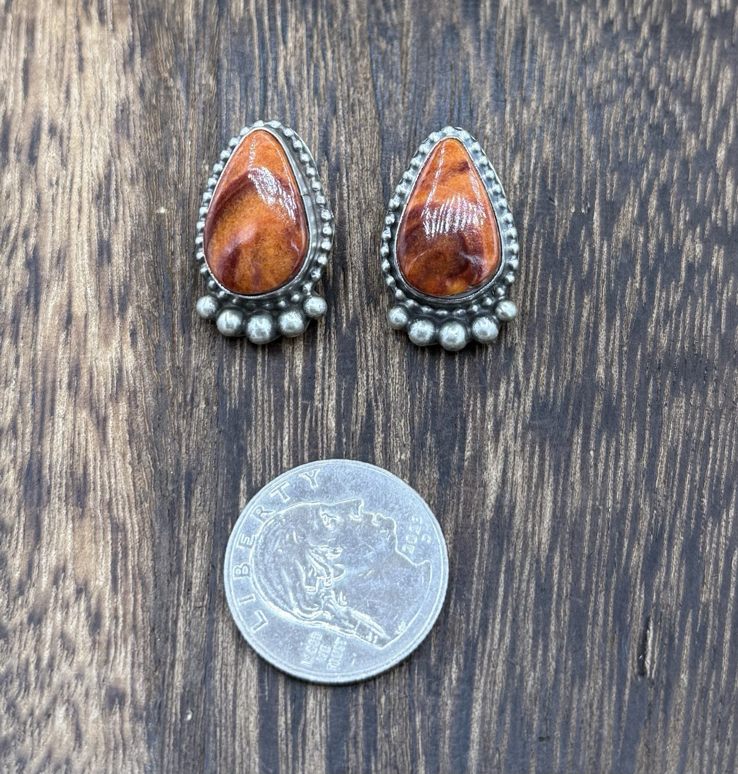 Native Navajo Handmade Sterling Silver Orange Spiny Oyster Post Stud Earrings