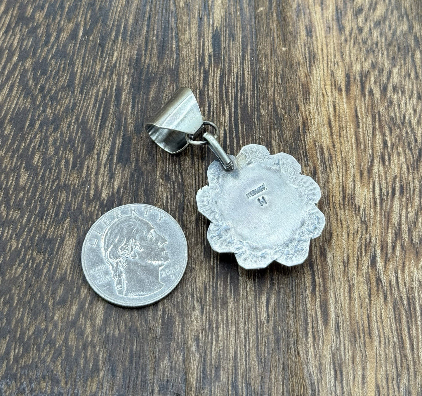 Navajo Handmade Sterling Silver Blue Bird Turquoise Stamped Design Drop Pendant