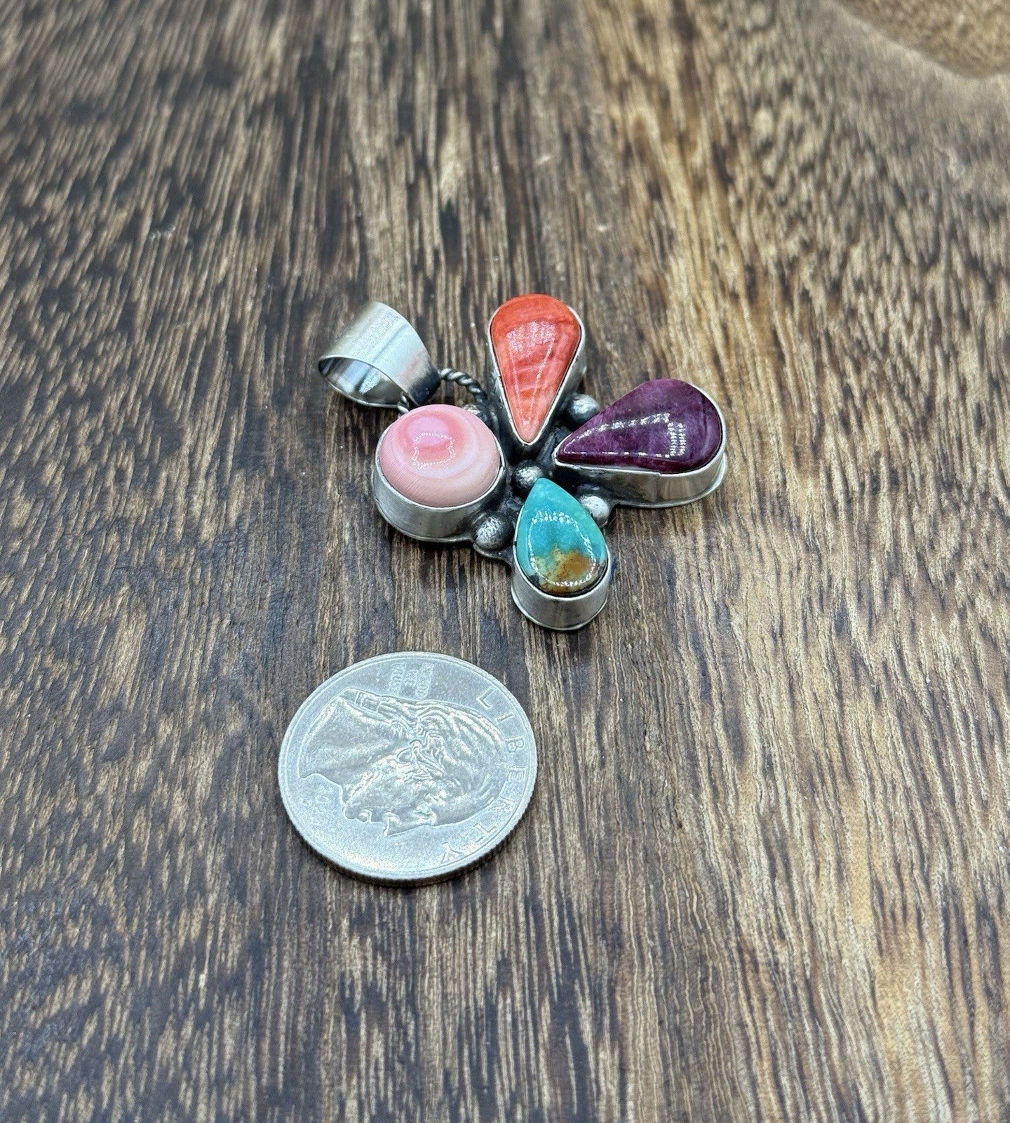 Navajo Handmade Sterling Silver Multi Color Turquoise Spiny Cluster Pendant