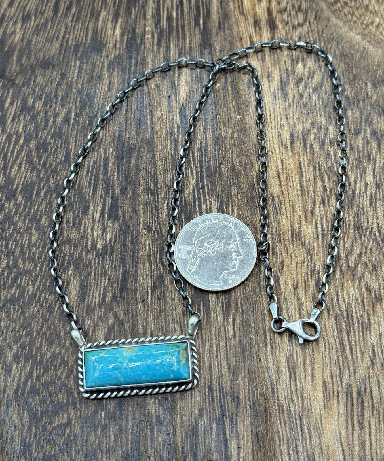 Native Navajo Handmade Sterling Silver Kingman Turquoise Bar Necklace 18”