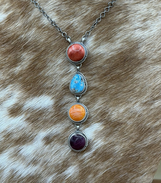 Navajo Handmade Sterling Silver Multi Color Mixed Stone Lariat Necklace 18”