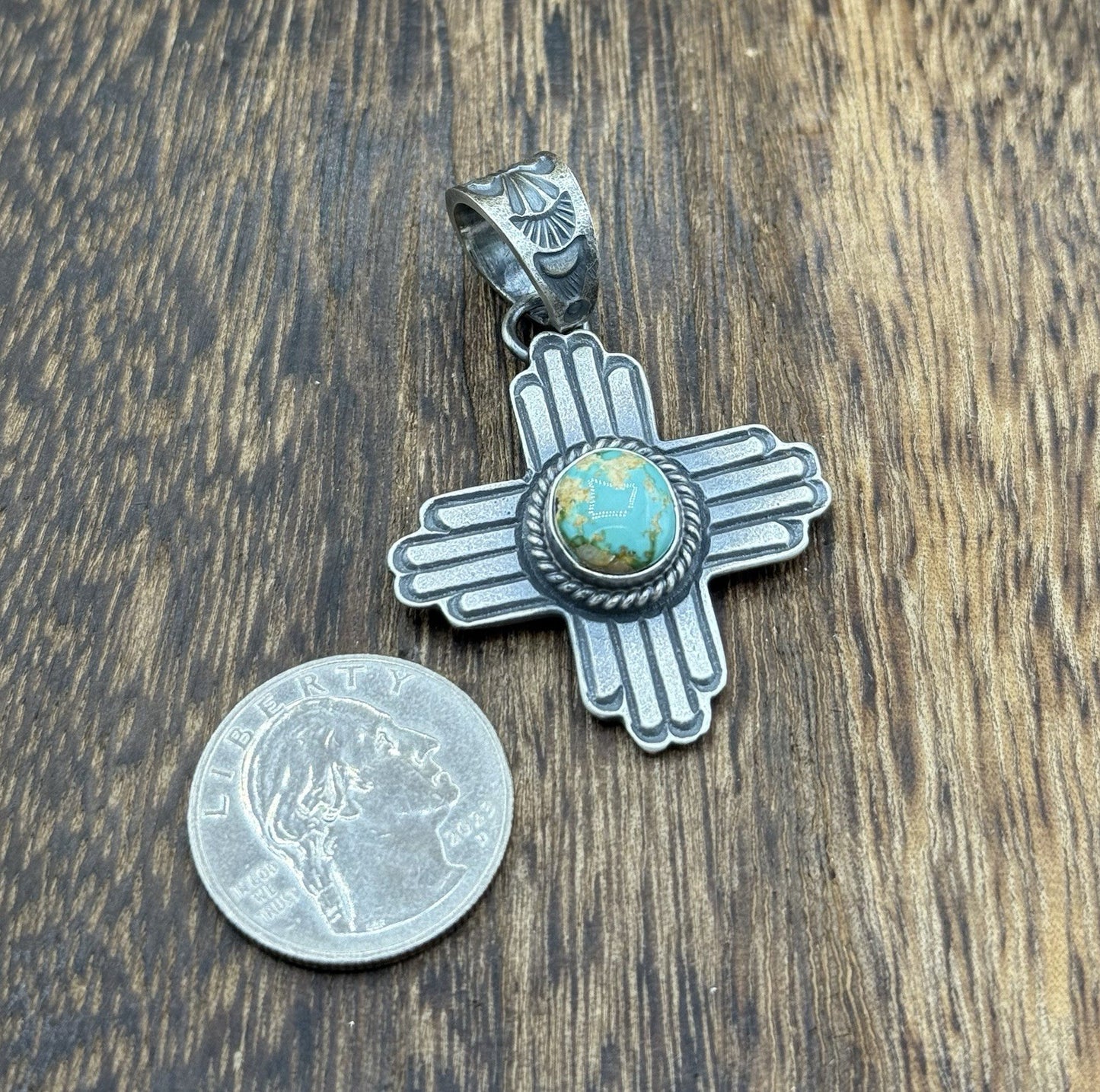 Navajo Handmade Sterling Silver Old Look Sonoran Gold Turquoise Zia Pendant