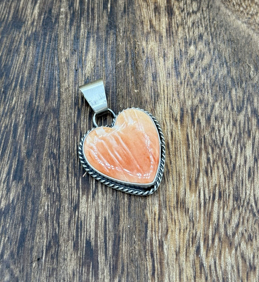 Navajo Handmade Sterling Silver Orange Spiny Oyster Shell Heart Shaped Pendant