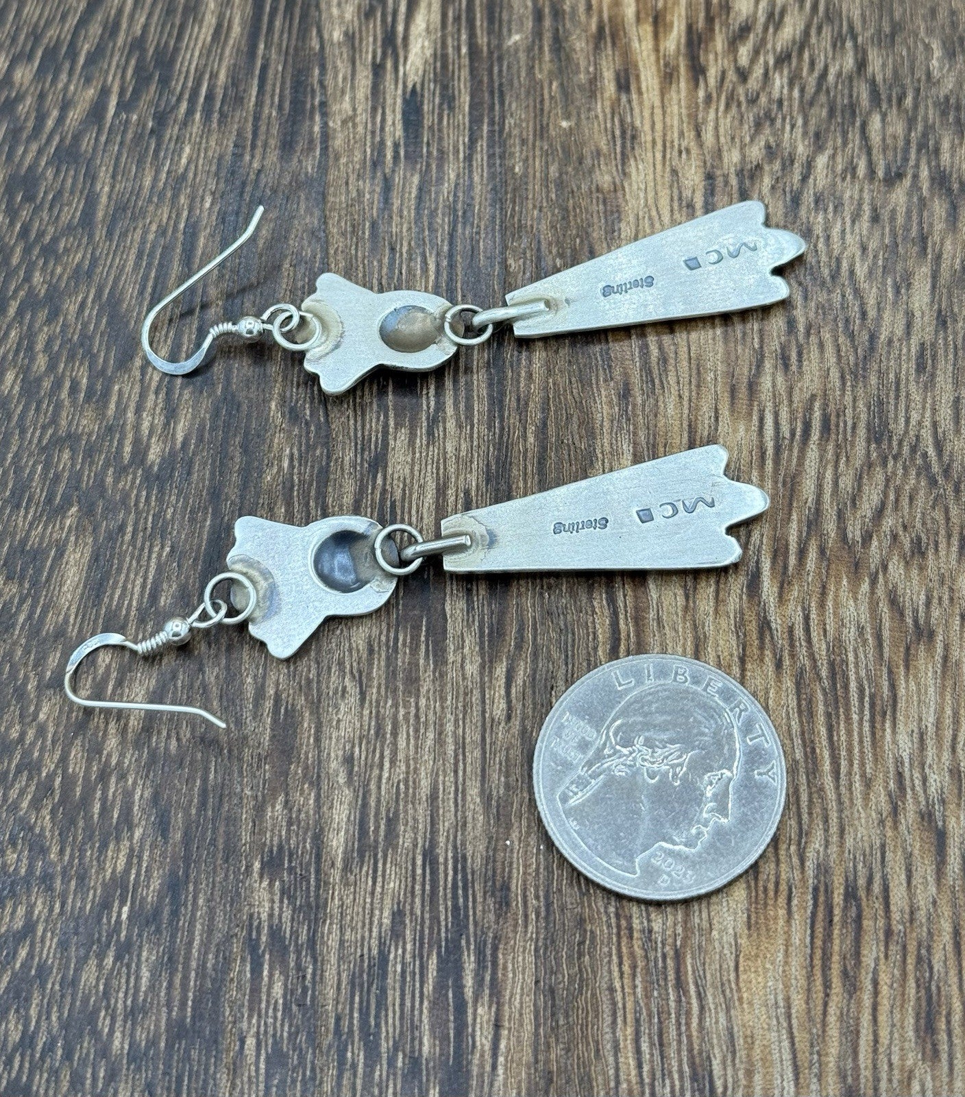 Navajo Handmade Sterling Silver Old Look Stamped Concho Design Dangle Earrings