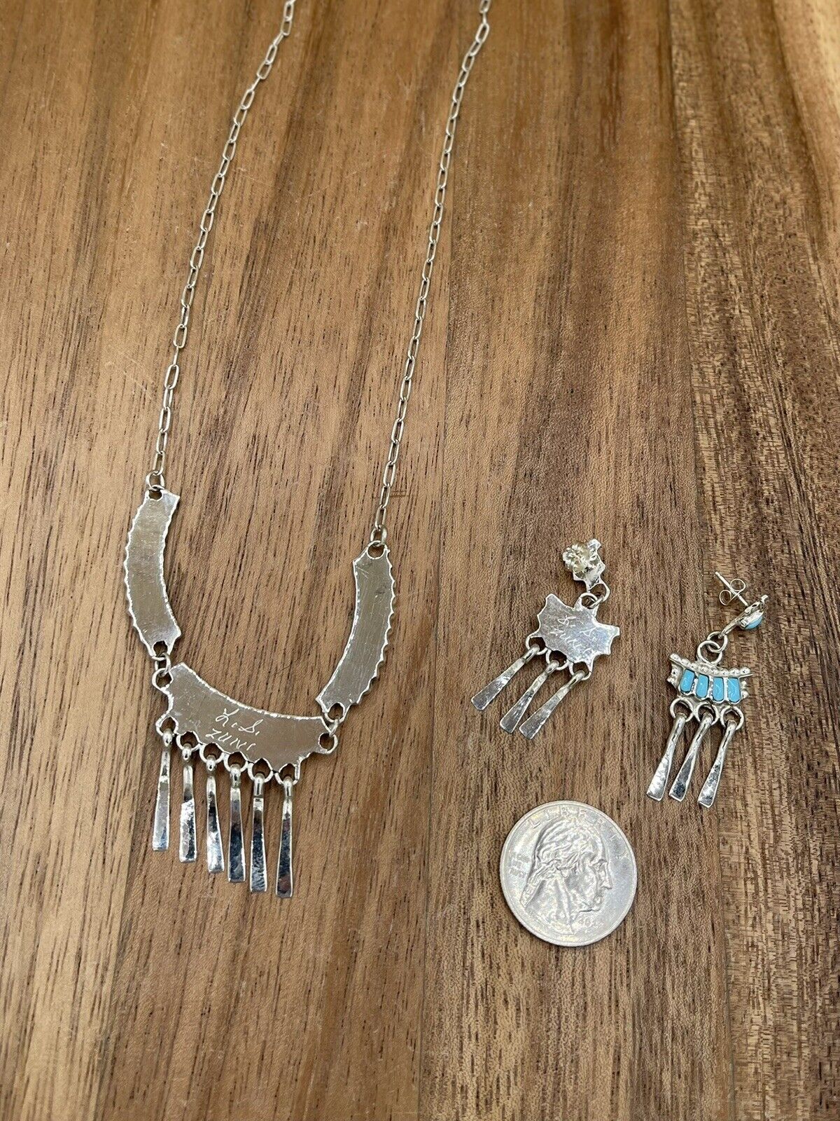 Native American Zuni handmade Sterling Silver Turquoise Inlay Dangle Necklace