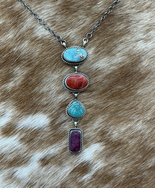 Navajo Handmade Sterling Silver Multi Color Mixed Stone Lariat Necklace 18”