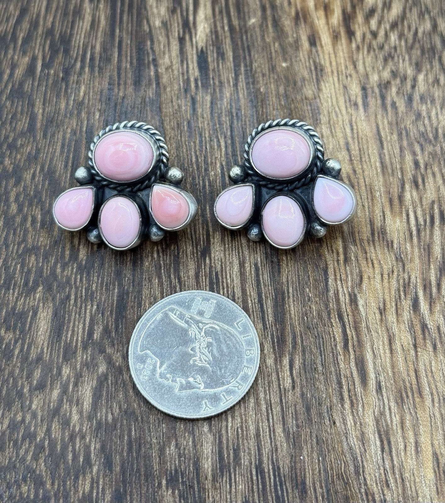 Native Navajo Handmade Sterling Silver Pink Conch Shell Cluster Earrings
