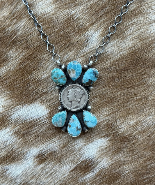 Navajo Handmade Silver White Water Turquoise Liberty Coin Cluster Necklace 18”