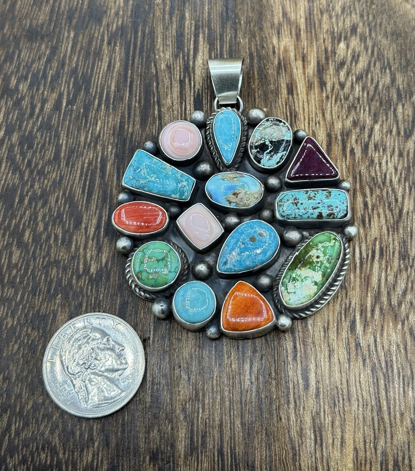 Navajo Handmade Sterling Silver Mixed Turquoise Spiny Large Cluster Pendant