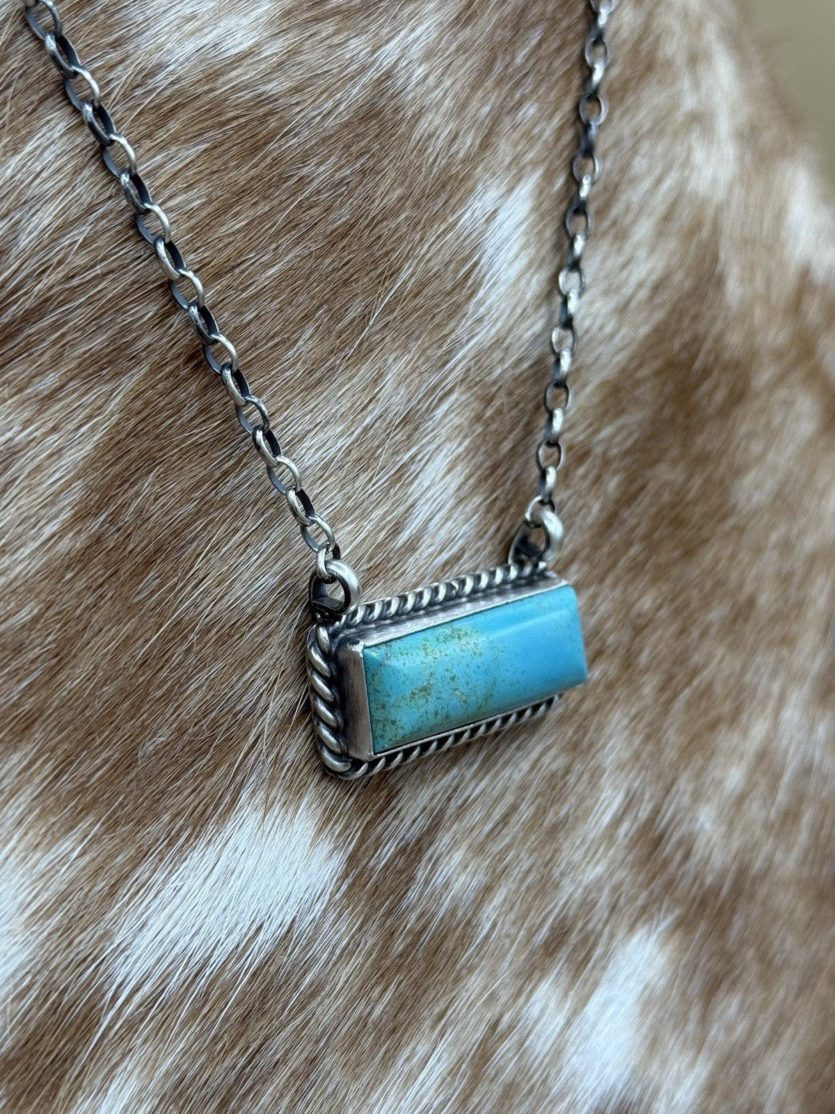Navajo Handmade Sterling Silver Kingman Turquoise Bar Necklace 16” Augustine L.