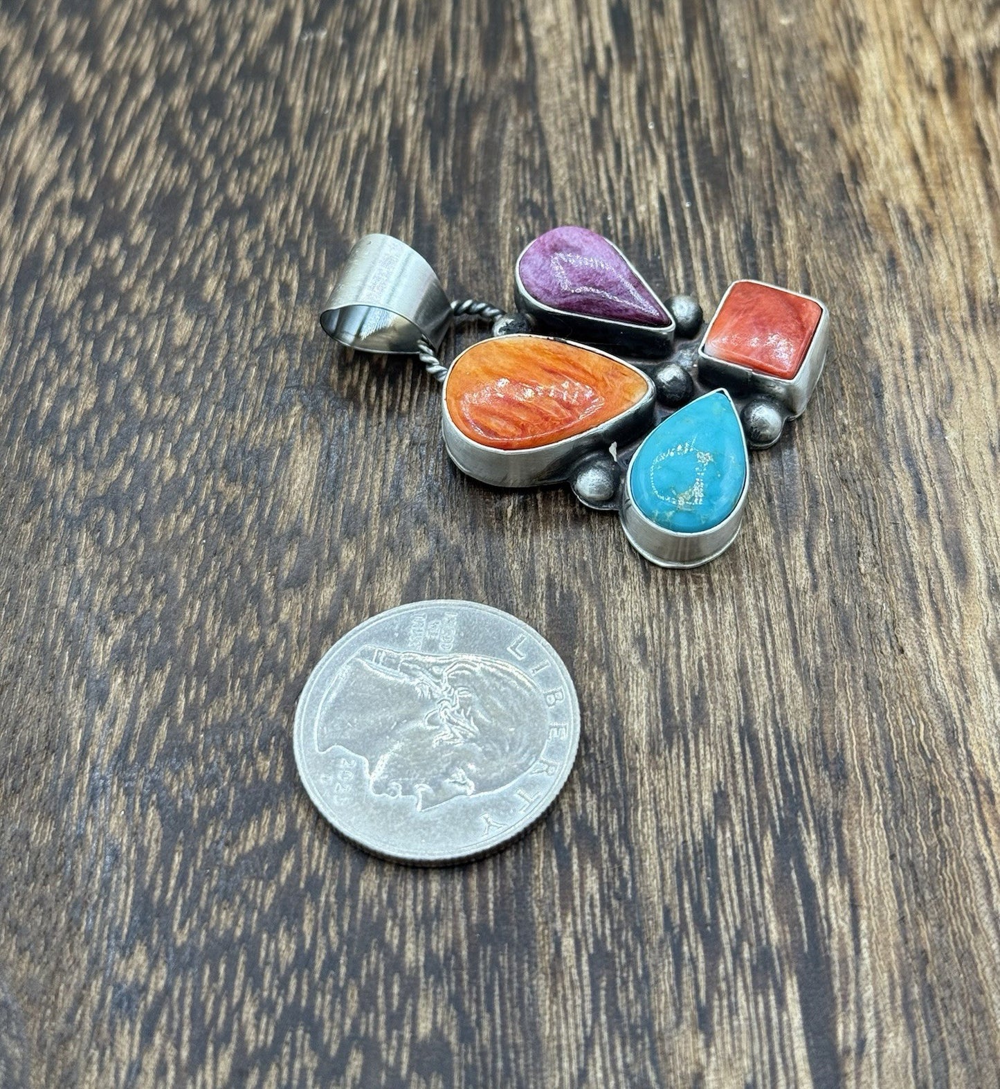 Navajo Handmade Sterling Silver Multi Color Turquoise Spiny Cluster Pendant