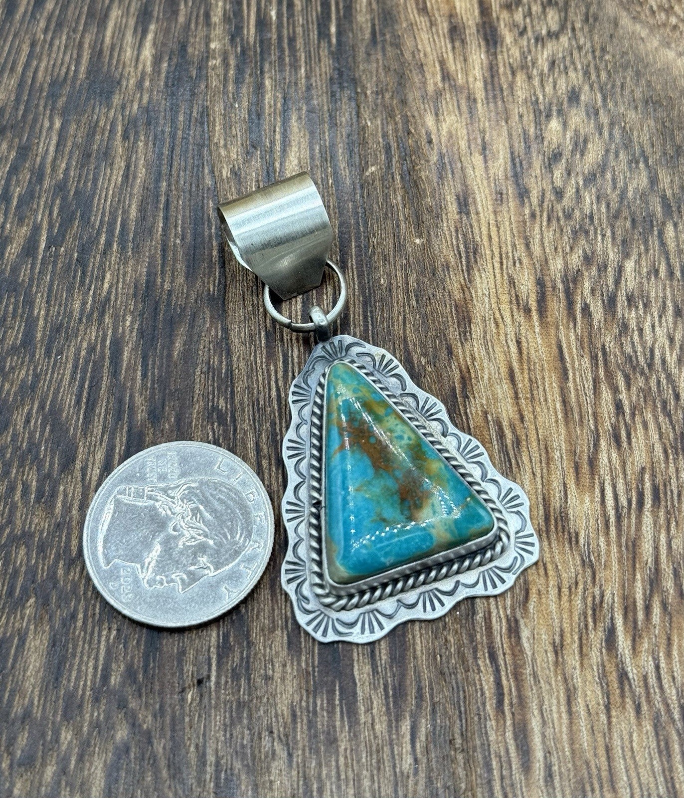 Navajo Handmade Sterling Silver Royston Turquoise Stamped Design Drop Pendant