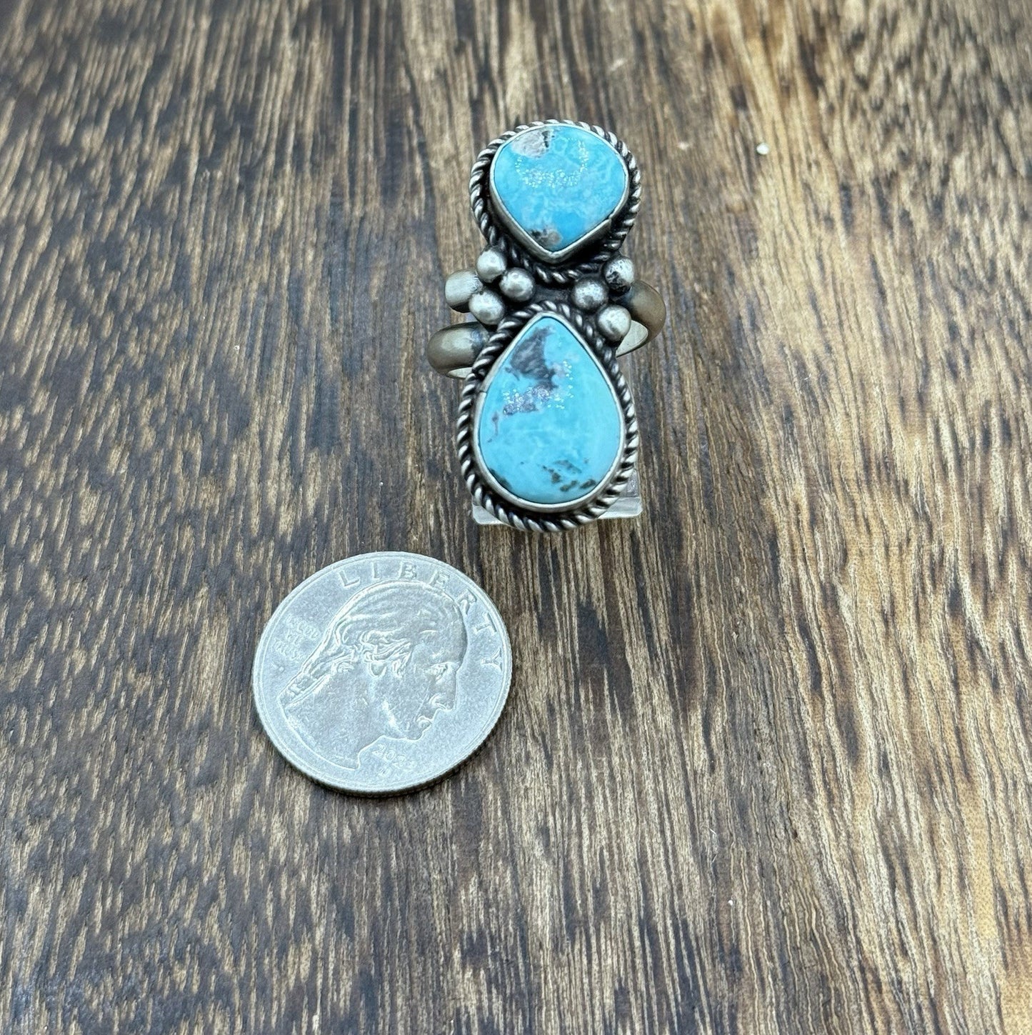 Navajo Handmade Sterling Silver White Water Turquoise Adjustable Ring Size 7 - 9