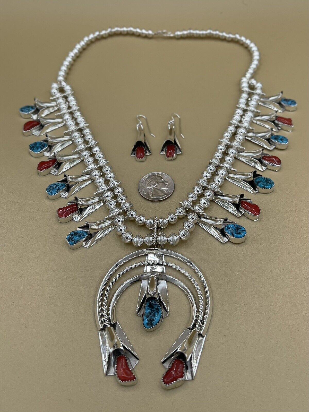 Native American Navajo Handmade Turquoise And Red Coral Squash Blossom Necklace