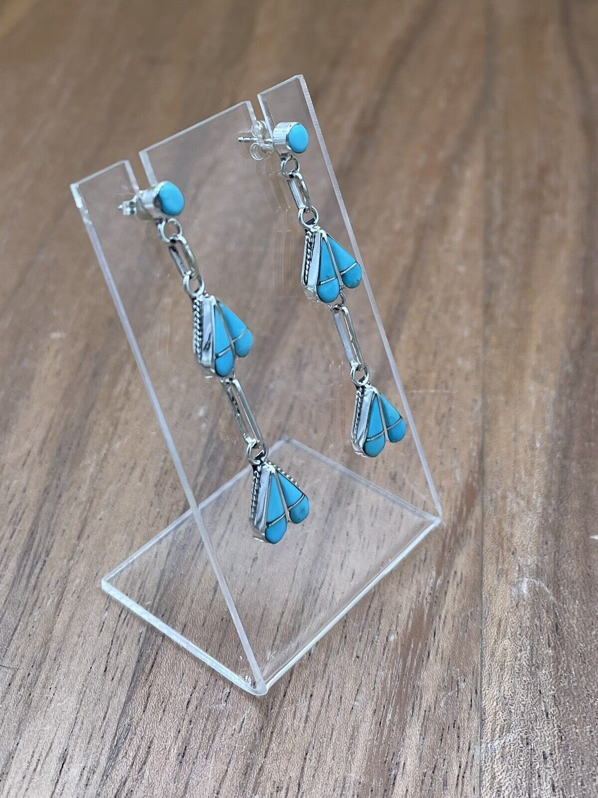 Native American Zuni Handmade Silver Inlay Turquoise Post Dangle Drop Earrings