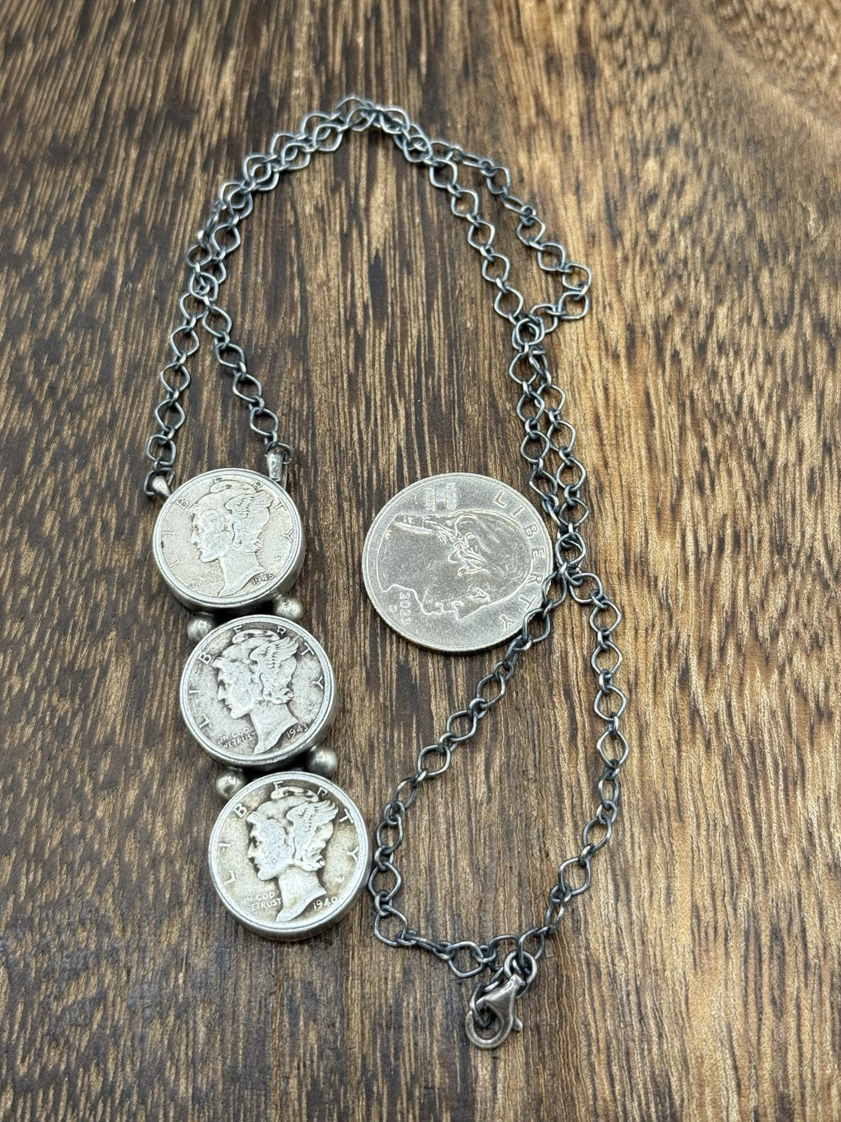 Navajo Handmade Sterling Silver Liberty Dime Cluster Bar Lariat Necklace 18”