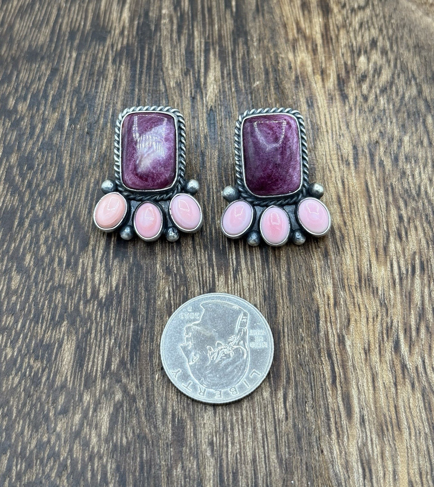 Navajo Handmade Sterling Silver Multi Color Spiny Pink Shell Cluster Earrings