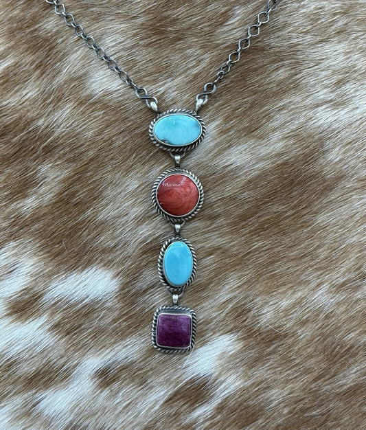 Navajo Handmade Sterling Silver Multi Color Mixed Stone Lariat Necklace 18”