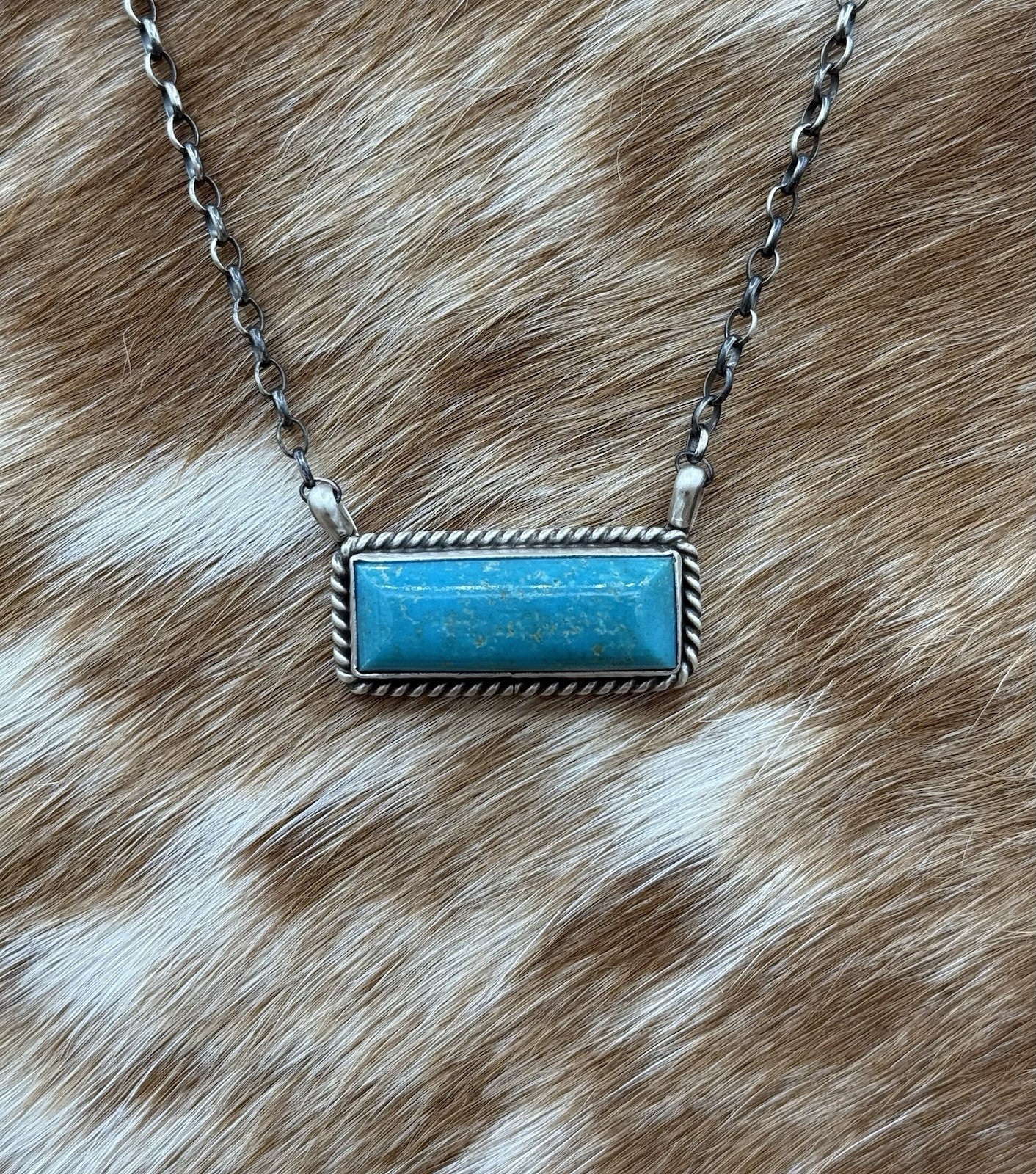 Native Navajo Handmade Sterling Silver Kingman Turquoise Bar Necklace 18”