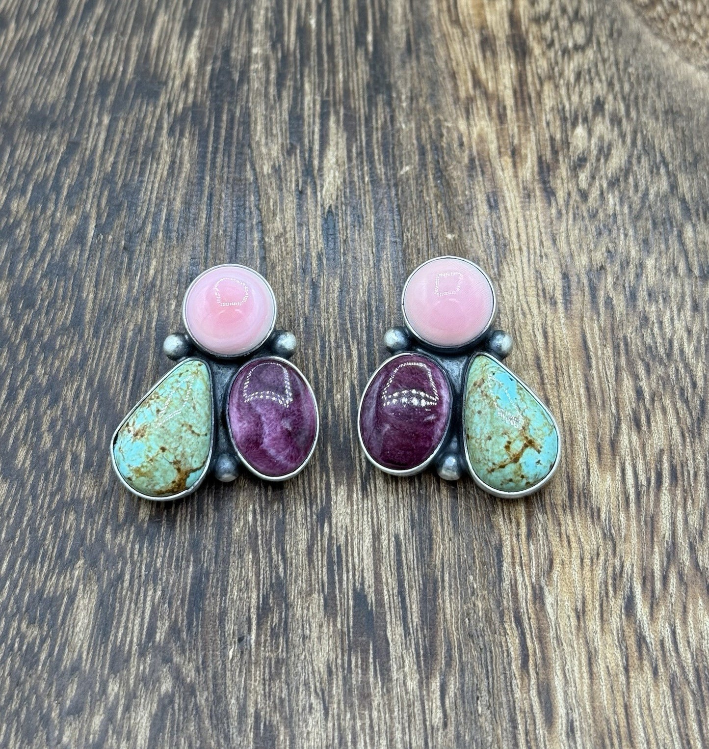 Navajo Handmade Sterling Silver Multi Color Turquoise Spiny Cluster Earrings