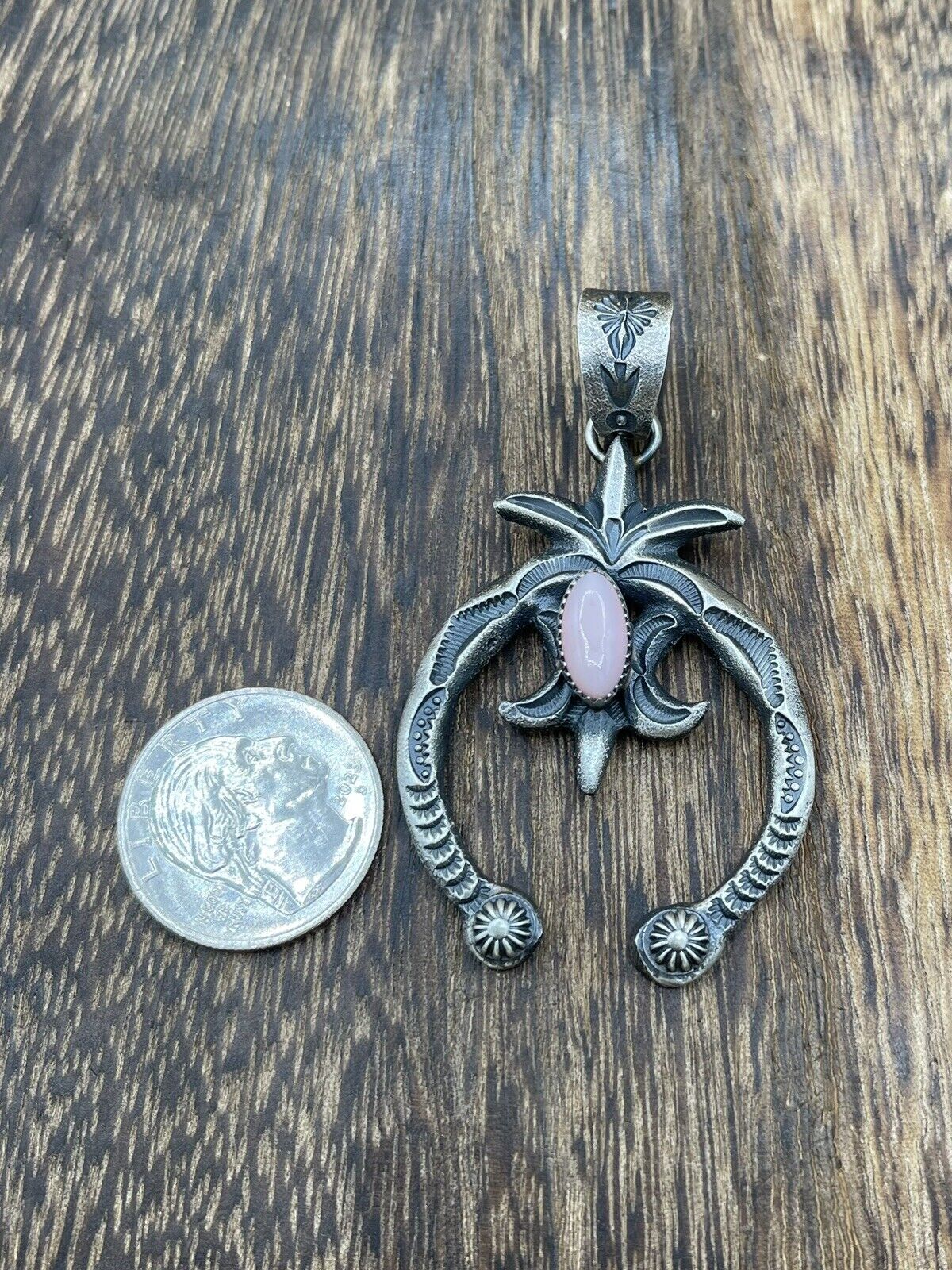 Native American Indian Navajo Handmade Silver Old Look Pink Concho Naja Pendant