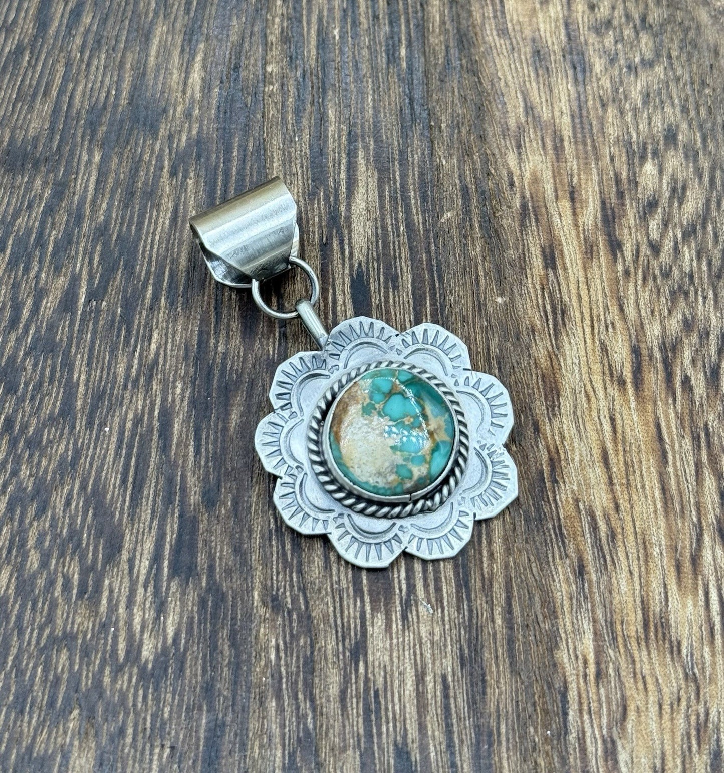 Navajo Handmade Sterling Silver Royston Turquoise Stamped Design Drop Pendant