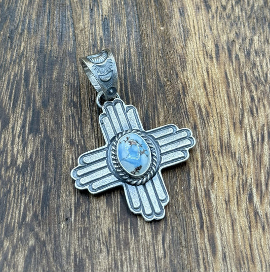 Navajo Handmade Sterling Silver Old Look Golden Hills Turquoise Zia Pendant