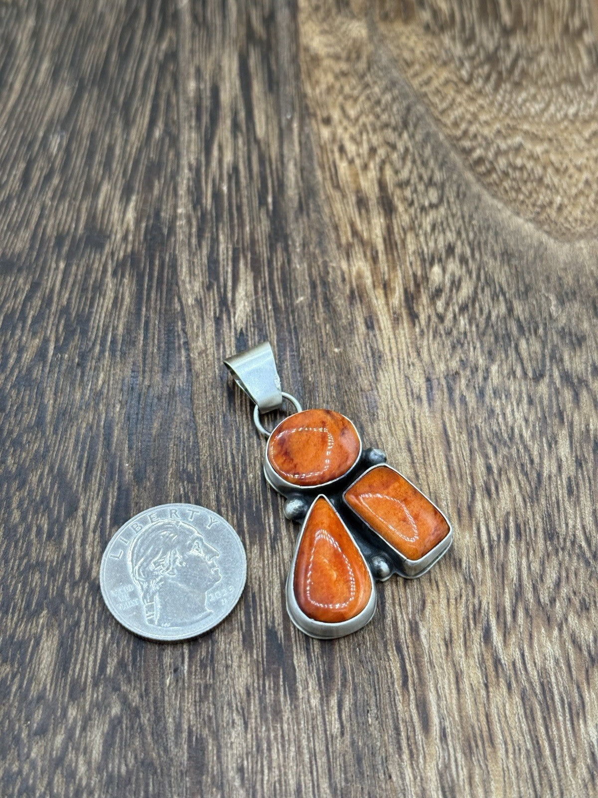 Navajo Handmade Sterling Silver Orange Spiny Oyster Shell Cluster Drop Pendant