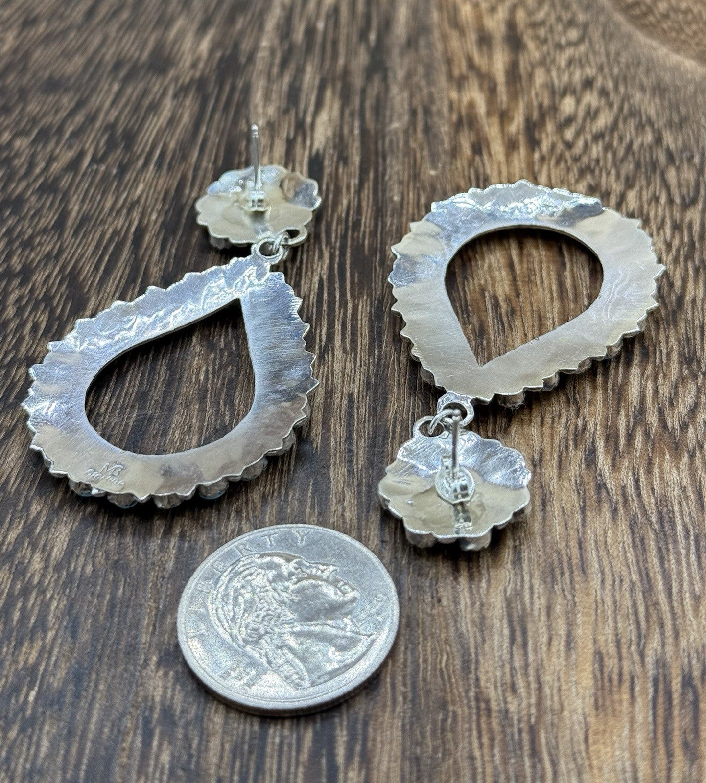 Navajo Handmade Sterling Silver Turquoise Cluster Post Drop earrings Large