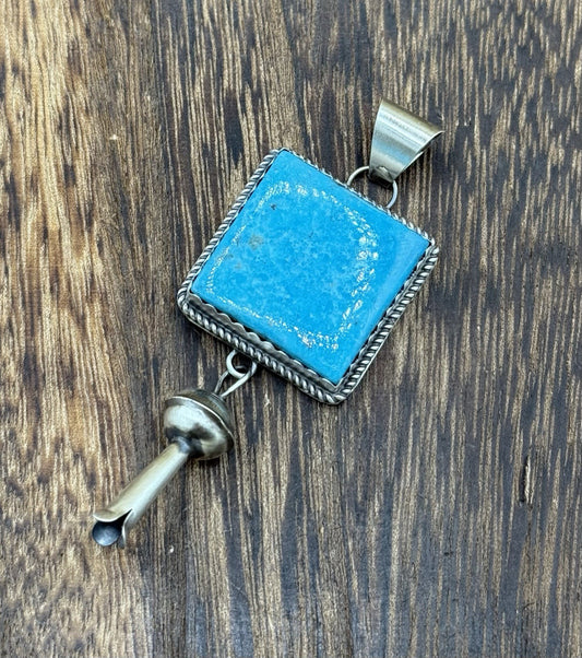 Native Navajo Handmade Sterling Silver Kingman Turquoise Dangle Blossom Pendant