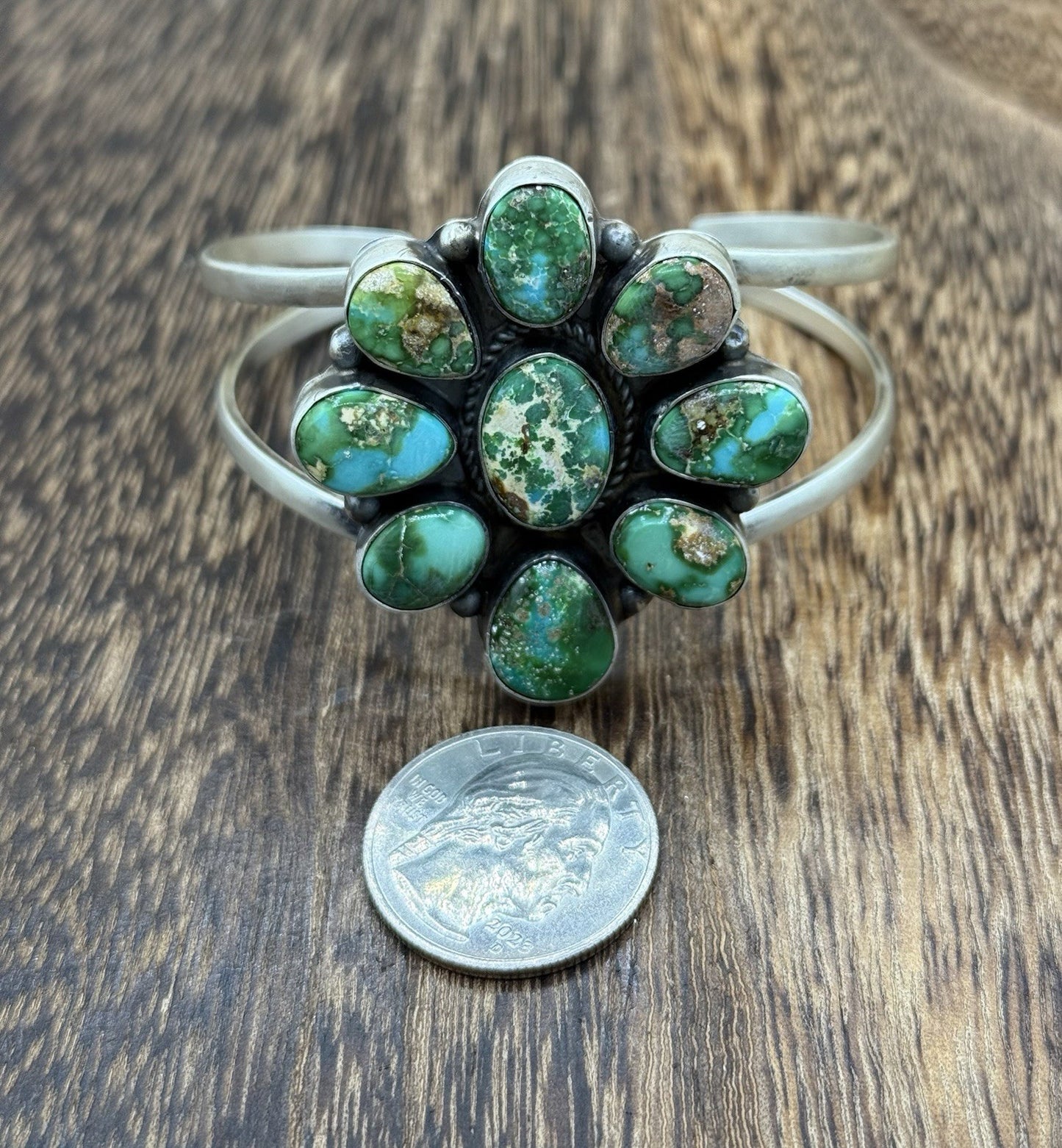 Navajo Handmade Sterling Silver Sonoran Gold Turquoise Cluster Cuff Bracelet