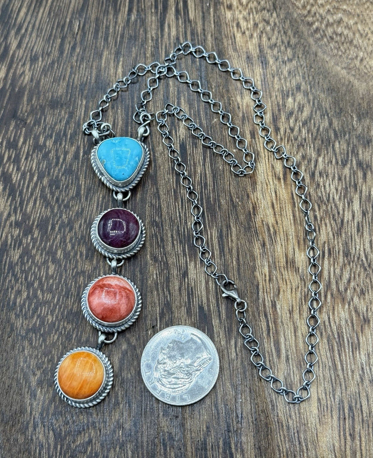 Navajo Handmade Sterling Silver Multi Color Mixed Stone Lariat Necklace 18”