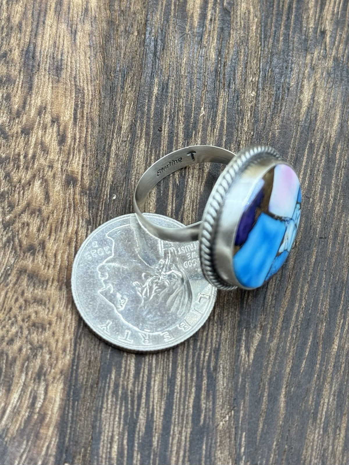 Navajo Handmade Sterling Silver Violet Rose & Blue Dahlia Adjustable Ring  7-10