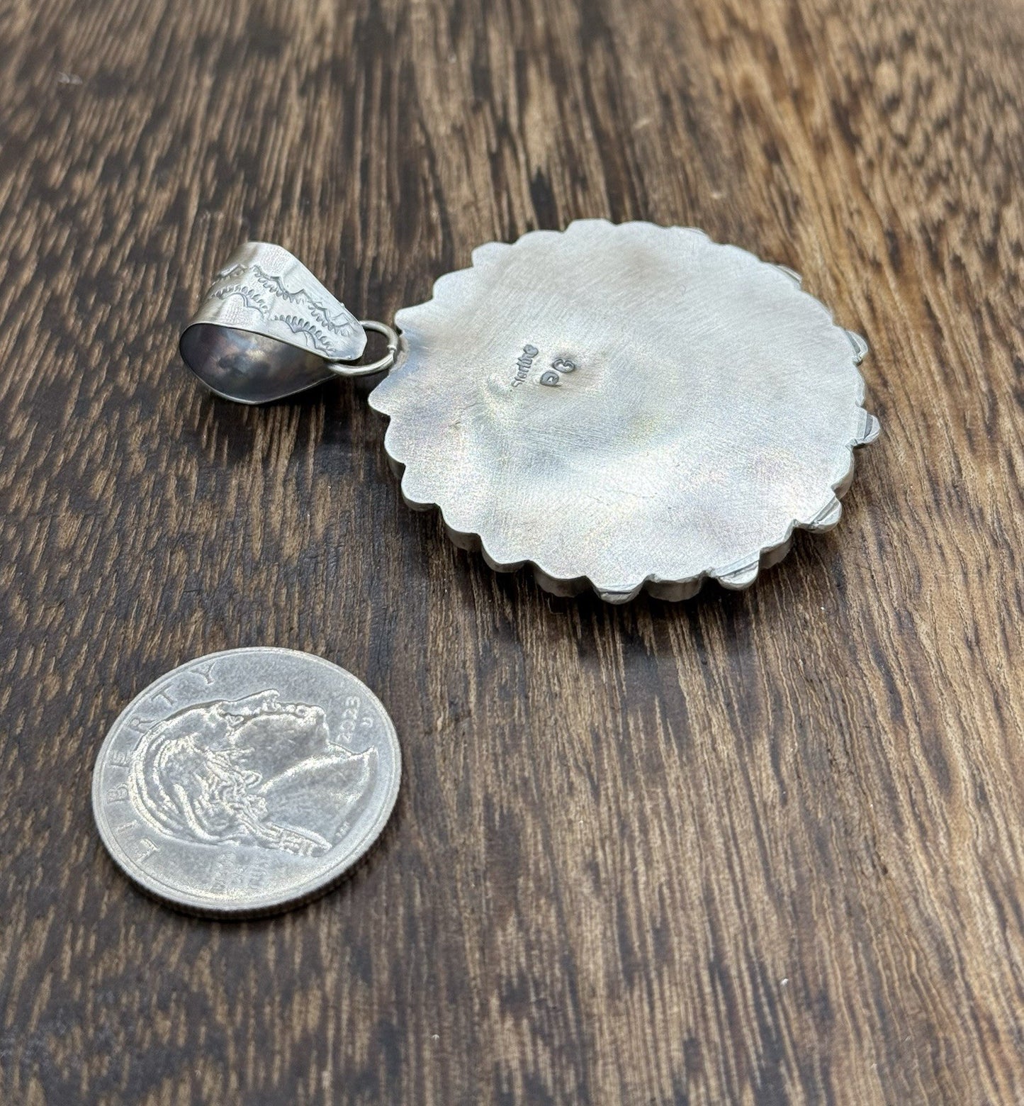 Navajo Handmade Sterling Silver Orange Spiny Oyster Cluster Buffalo Coin Pendant