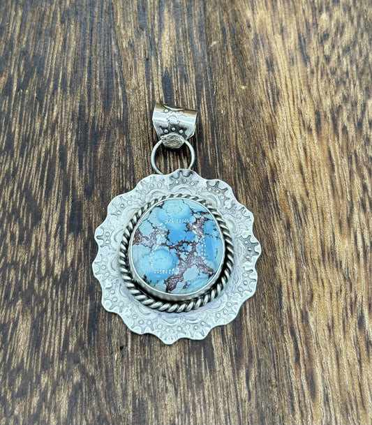 Navajo Handmade Sterling Silver Golden Hills Turquoise Stamped Drop Pendant