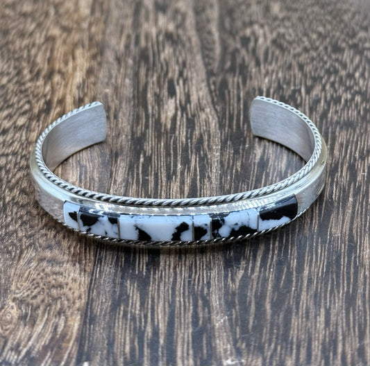 Navajo Handmade Sterling Silver White Buffalo Inlay Cuff Bracelet Francis Yazzie