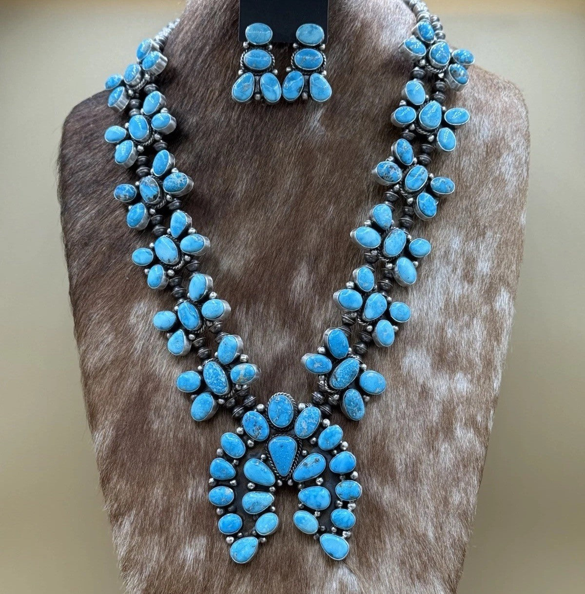 Navajo Handmade Sterling Silver Blue Ridge Turquoise Squash Blossom Necklace