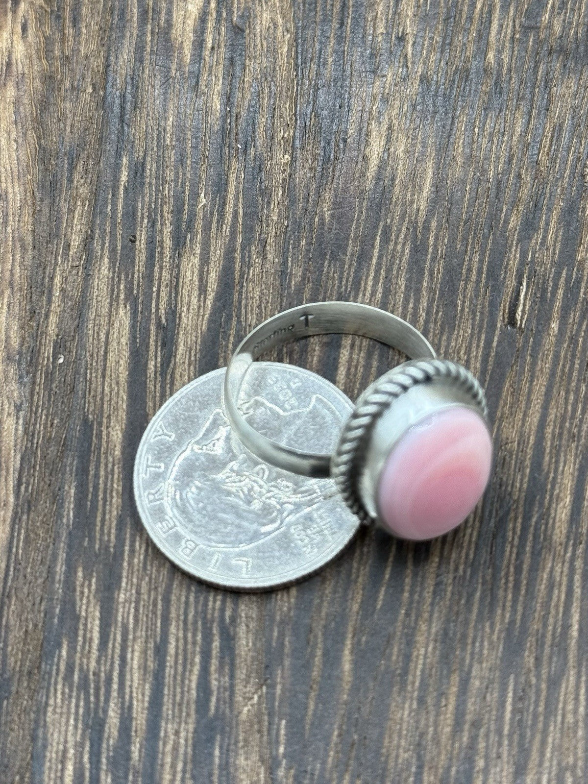 Navajo Handmade Sterling Silver Pink Conch Adjustable Ring Size 7 To 10