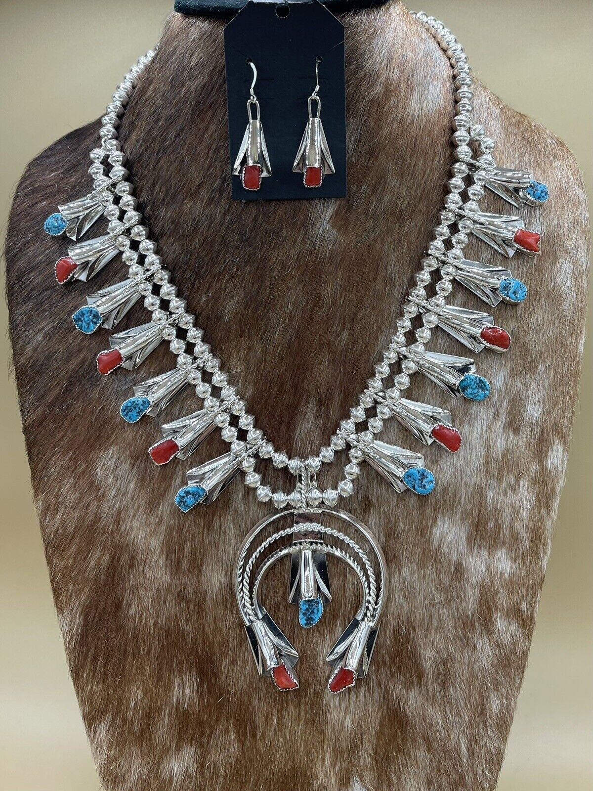 Native American Navajo Handmade Turquoise And Red Coral Squash Blossom Necklace