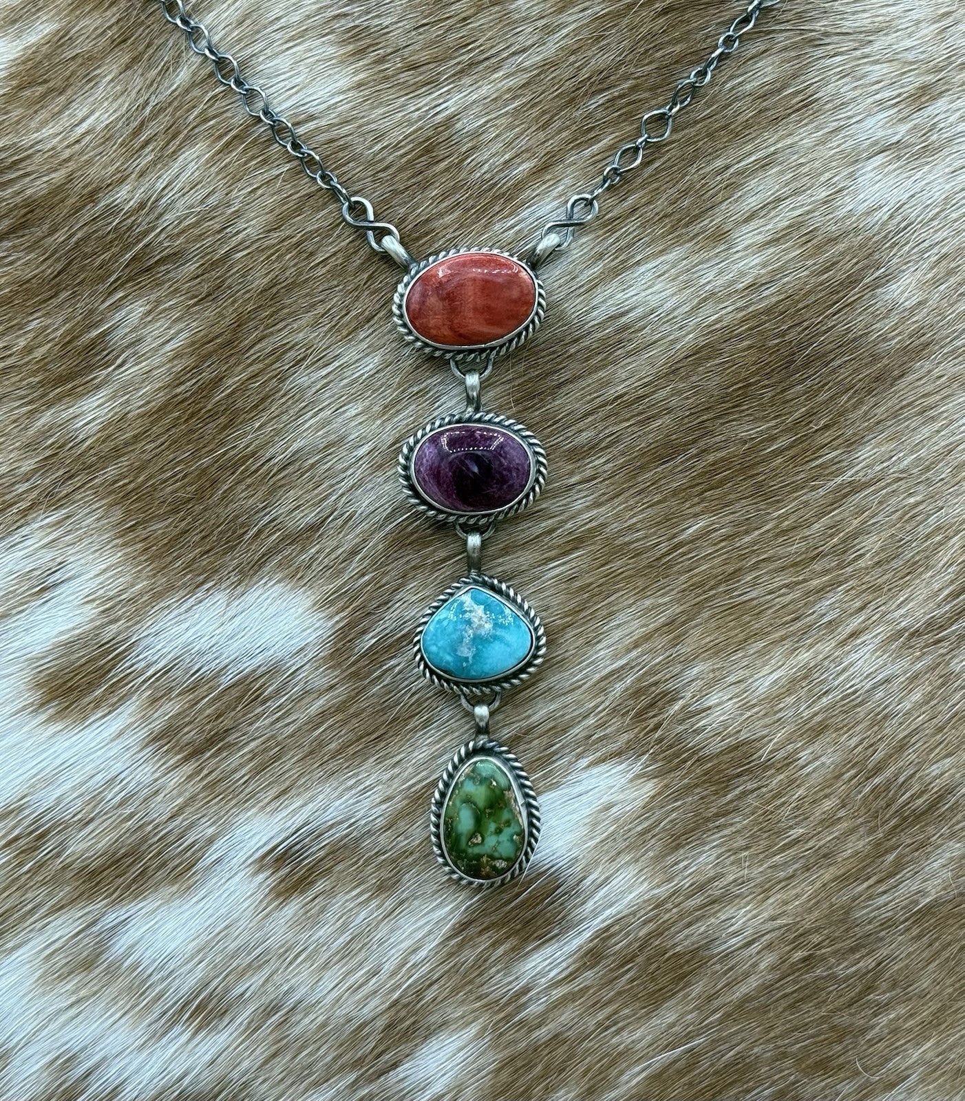 Navajo Handmade Sterling Silver Multi Color Mixed Stone Lariat Necklace 18”