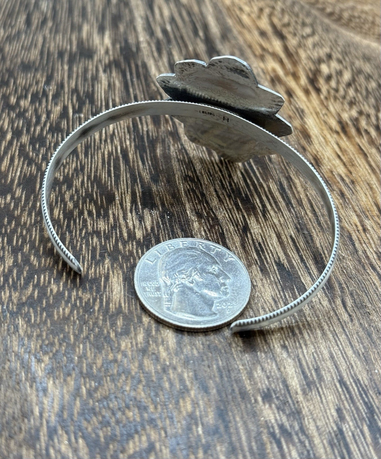 Native Navajo Handmade Sterling Silver Kingman Turquoise Cuff Stamped Bracelet