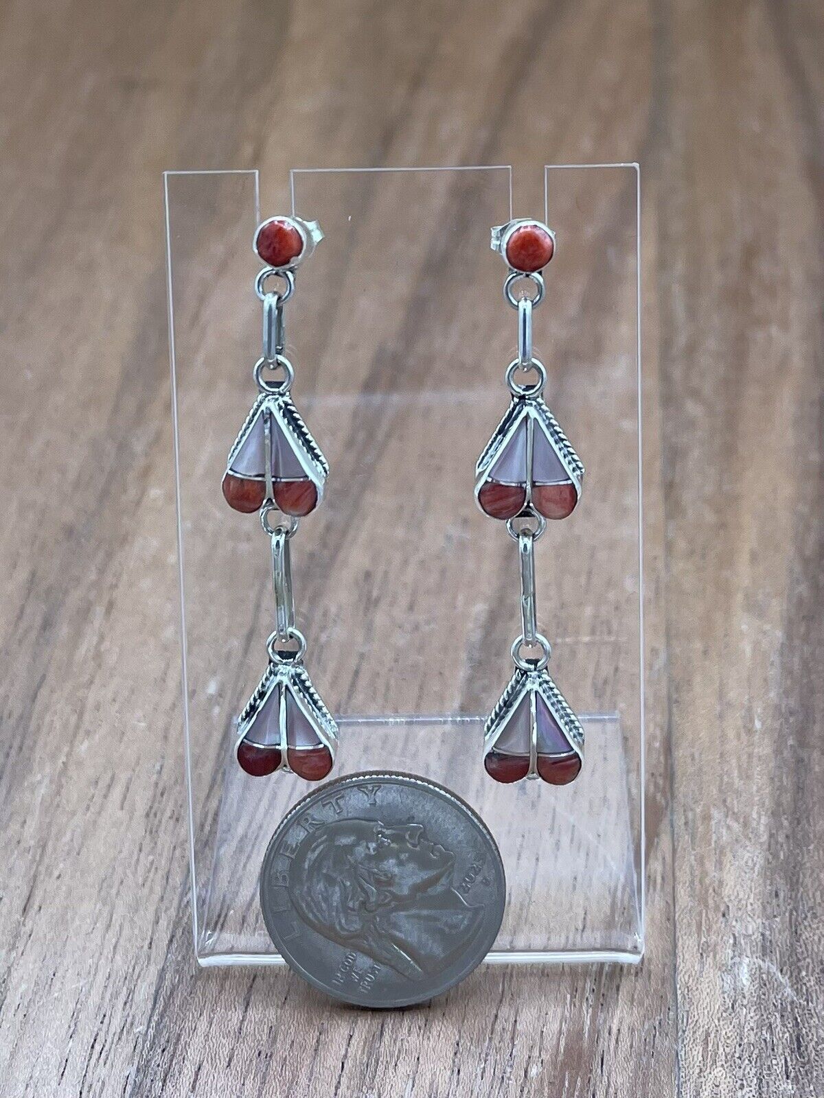 Native American Zuni Handmade Silver Inlay Spiny Post Dangle Drop Earrings