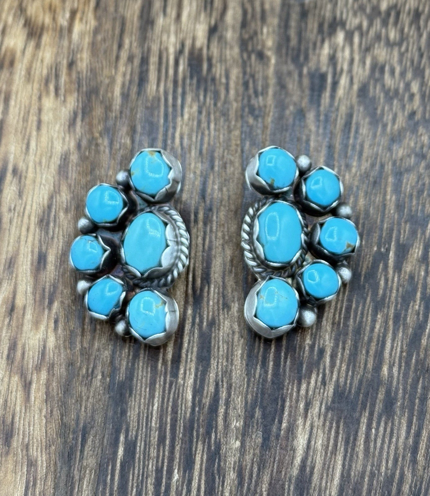 Navajo Handmade Sterling Silver Kingman Turquoise Half Cluster Post Earrings