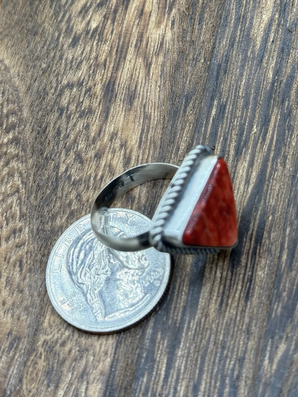 Navajo Handmade Sterling Silver Red Spiny Oyster Adjustable Ring Size 7 - 10