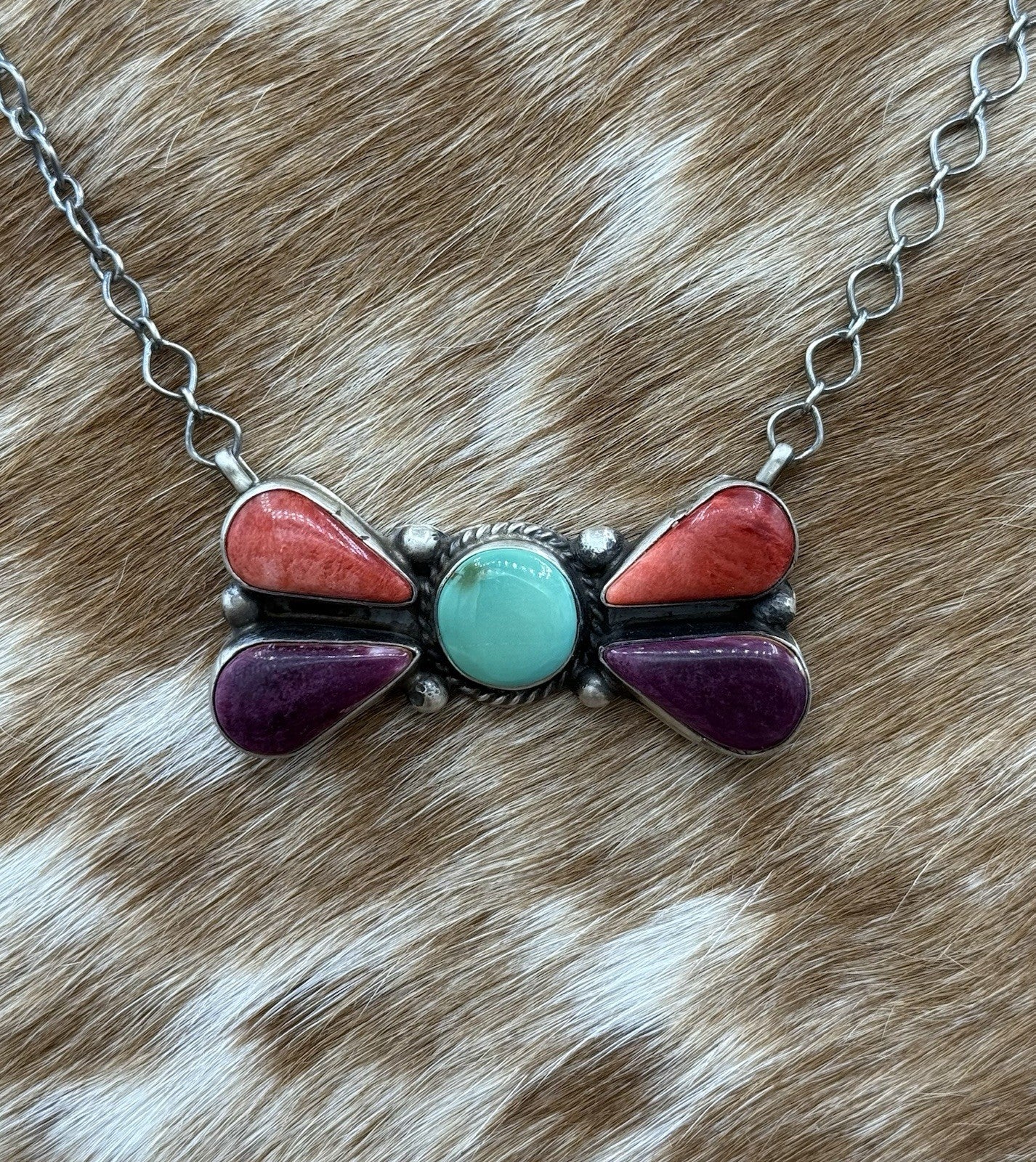 Navajo Handmade Sterling Silver Multi Stone Color Cluster Bar Necklace 18”