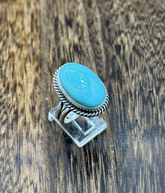 Navajo Handmade Sterling Silver Kingman Turquoise Adjustable Ring Size 7 To 10